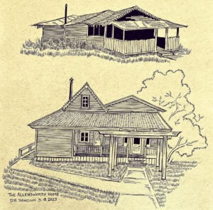 Hand drawn line drawings of two Allensworth homes.